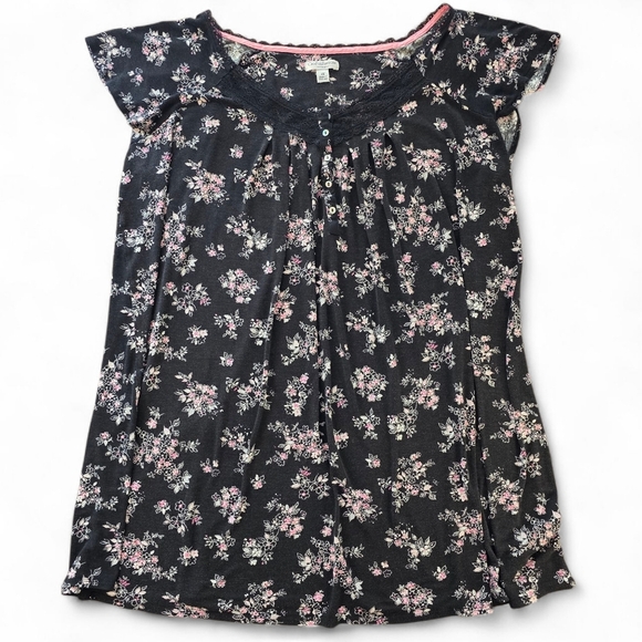 Croft & Barrow Intimates Floral Sleep Shirt 2X Black Pink Lace Detail Nightgown - Picture 1 of 8